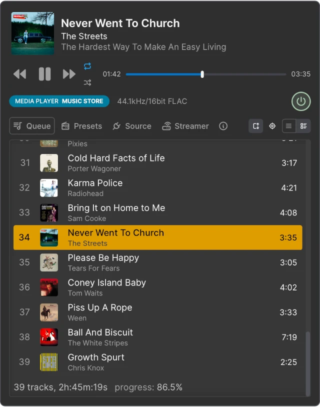 PunyTunes dark mode UI